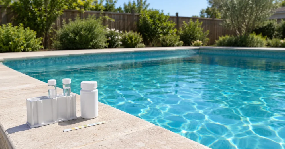 Backyard in-ground pool with clear turquoise water and a white water test kit on the stone coping