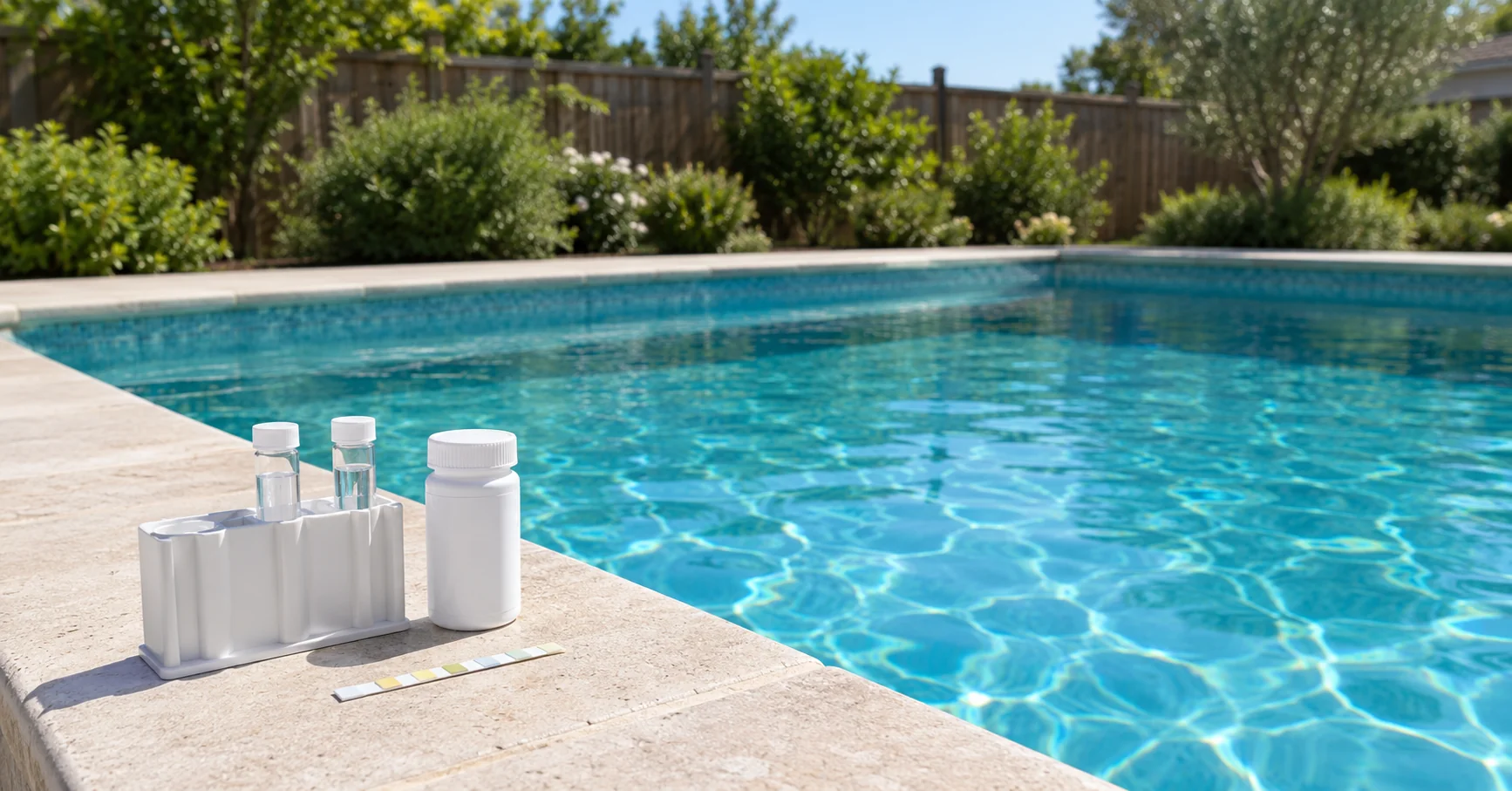 Backyard in-ground pool with clear turquoise water and a white water test kit on the stone coping