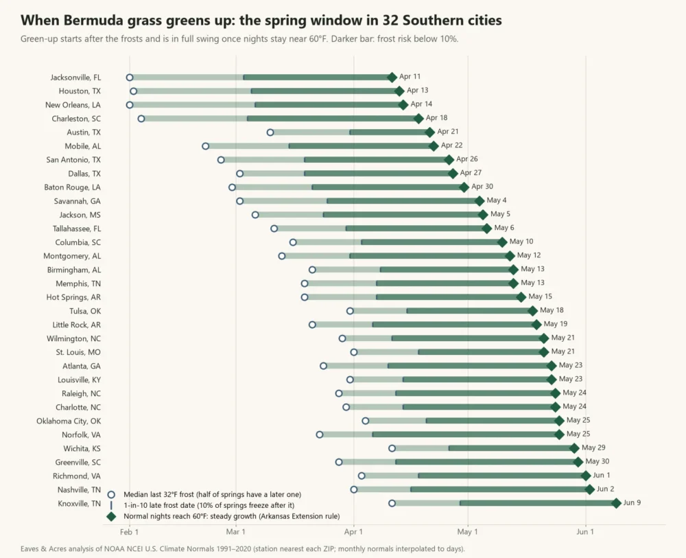 Chart of the spring Bermuda grass green-up window in 32 Southern cities, from the last frost to 60°F nights