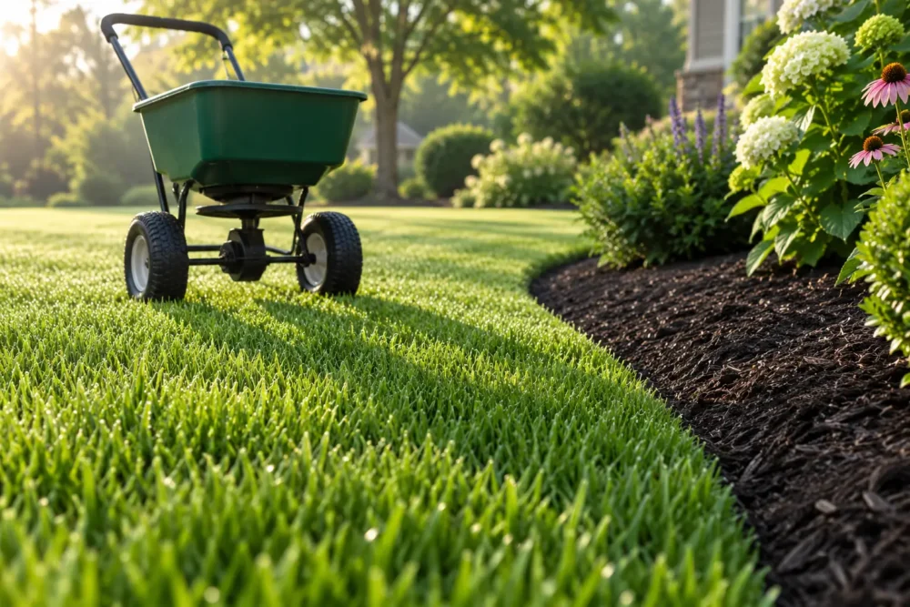 Broadcast spreader on a thick green lawn beside a curved, freshly mulched flower bed