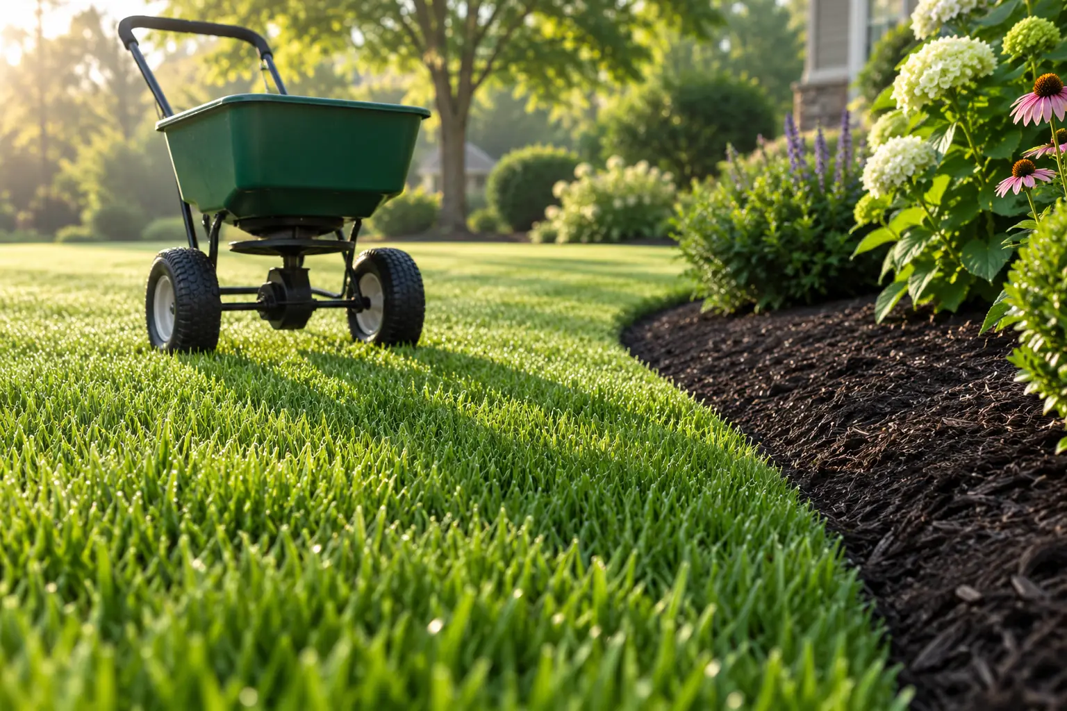 Broadcast spreader on a thick green lawn beside a curved, freshly mulched flower bed