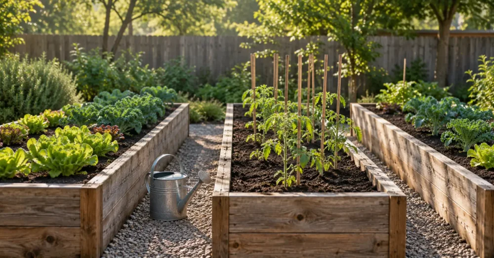 Three cedar raised beds with lettuce, kale and staked tomato seedlings along a gravel path