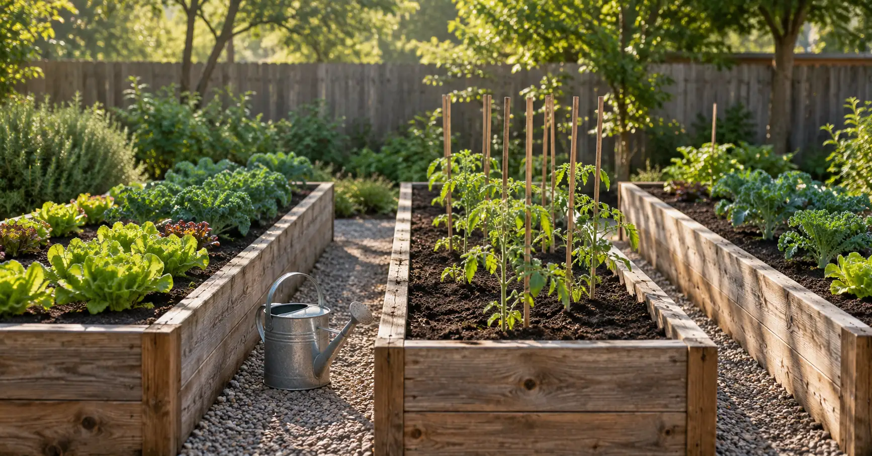 Three cedar raised beds with lettuce, kale and staked tomato seedlings along a gravel path