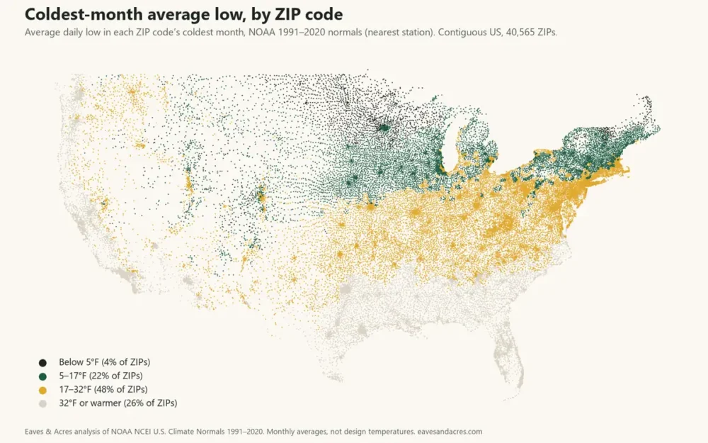 Map of contiguous US ZIP codes shaded by coldest-month average low, with lows below 5°F across the northern Plains