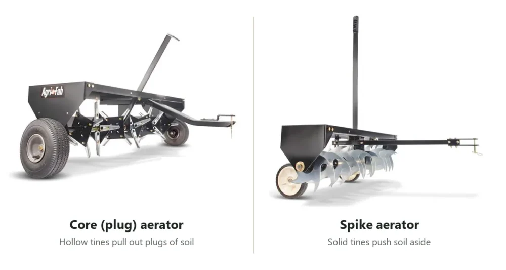 Photo comparison of a tow-behind core plug aerator with hollow tines and a spike aerator with solid tines