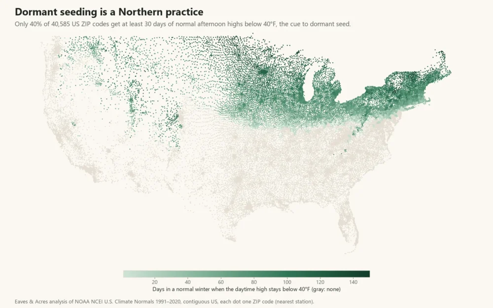 Map of US ZIP codes with winter highs below 40°F, covering the northern states and none in the South