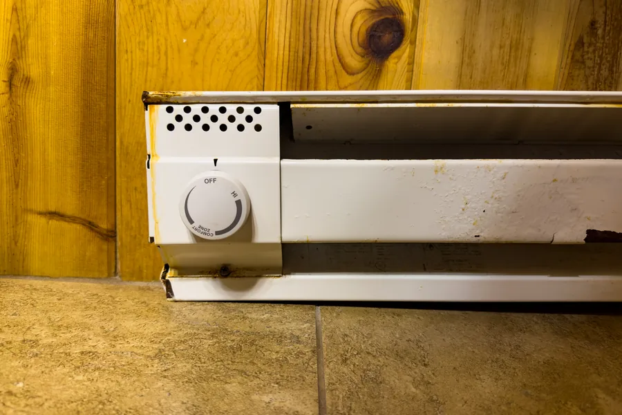 Photo of a white electric baseboard heater with a built-in off-to-high control dial below a wood-paneled wall
