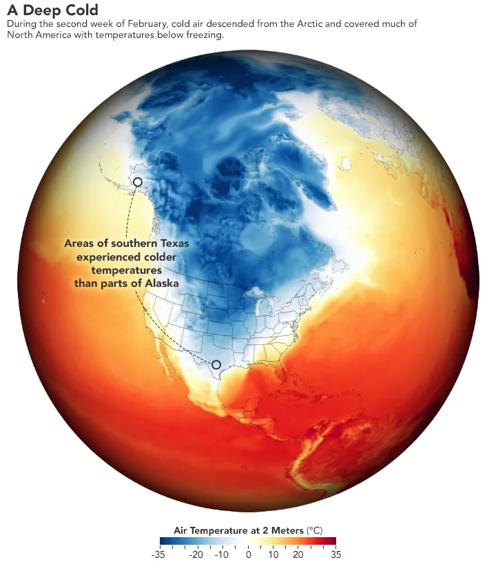 NASA map of North America on February 15, 2021, showing below-freezing arctic air reaching southern Texas