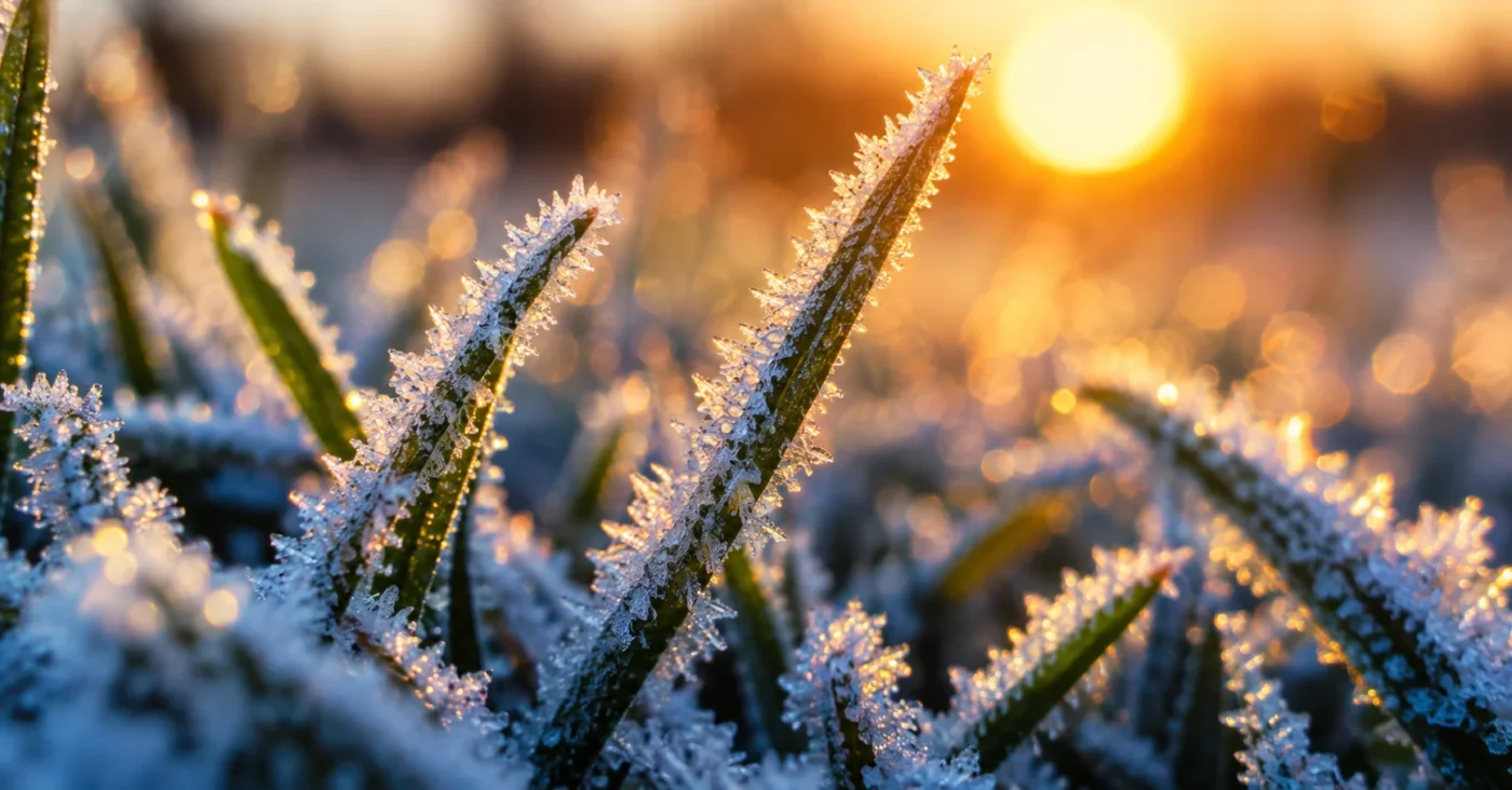Close-up photo of white frost crystals on lawn grass blades at sunrise