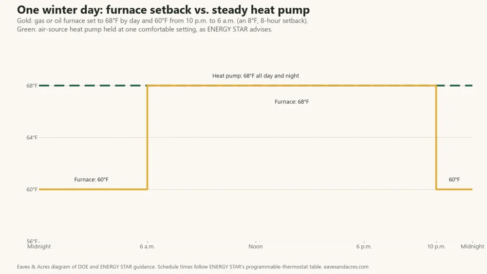 Line diagram of one winter day with a furnace set to 68°F by day and 60°F at night and a heat pump held at 68°F