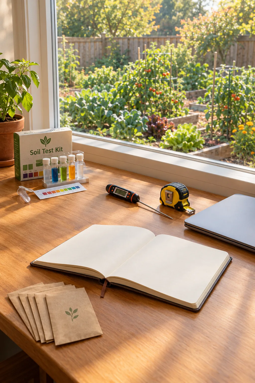 Desk by a garden window with a soil test kit, probe thermometer, tape measure and an open notebook