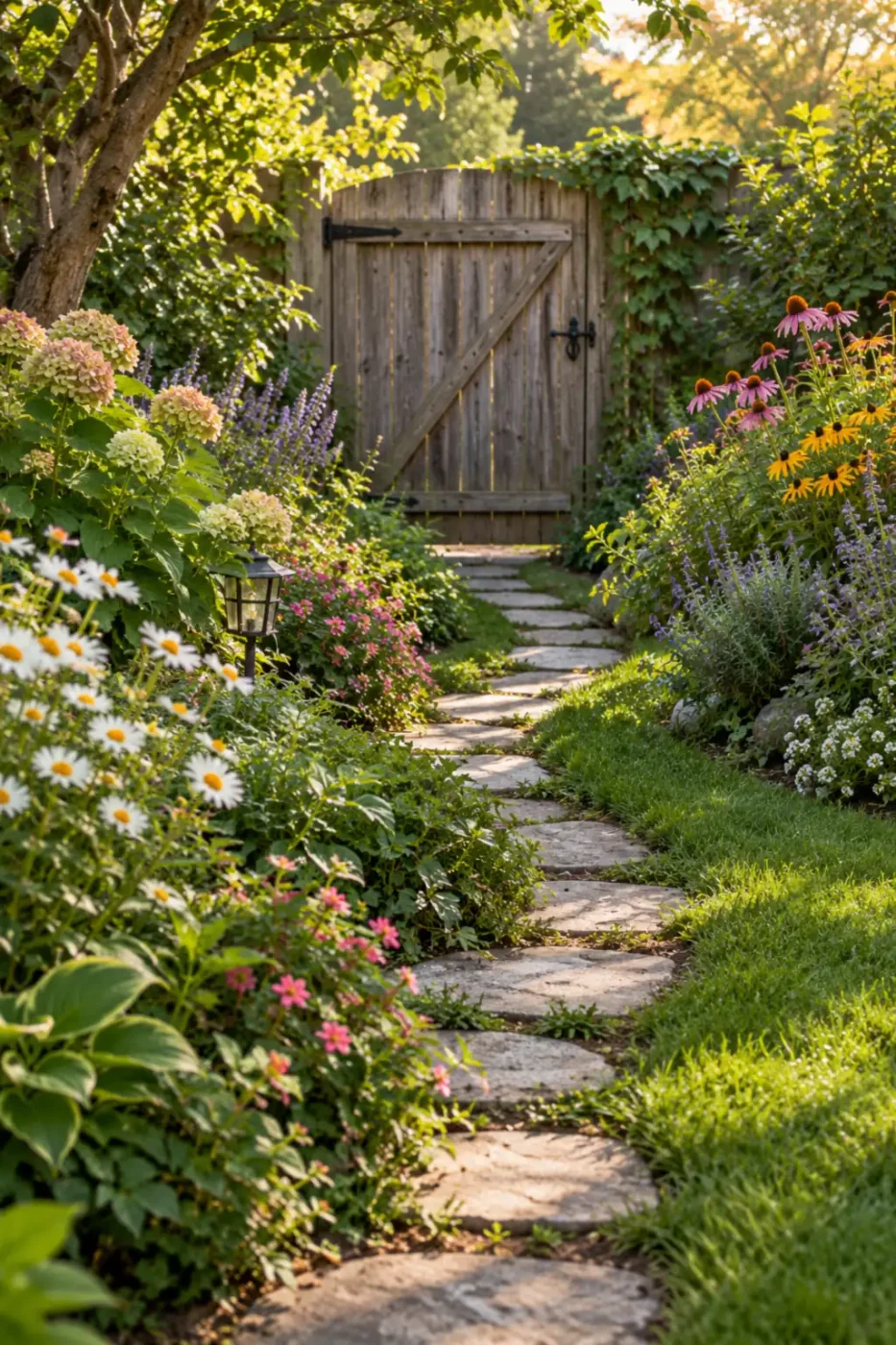 Photo of a stone garden path winding between flower beds to a closed wooden gate