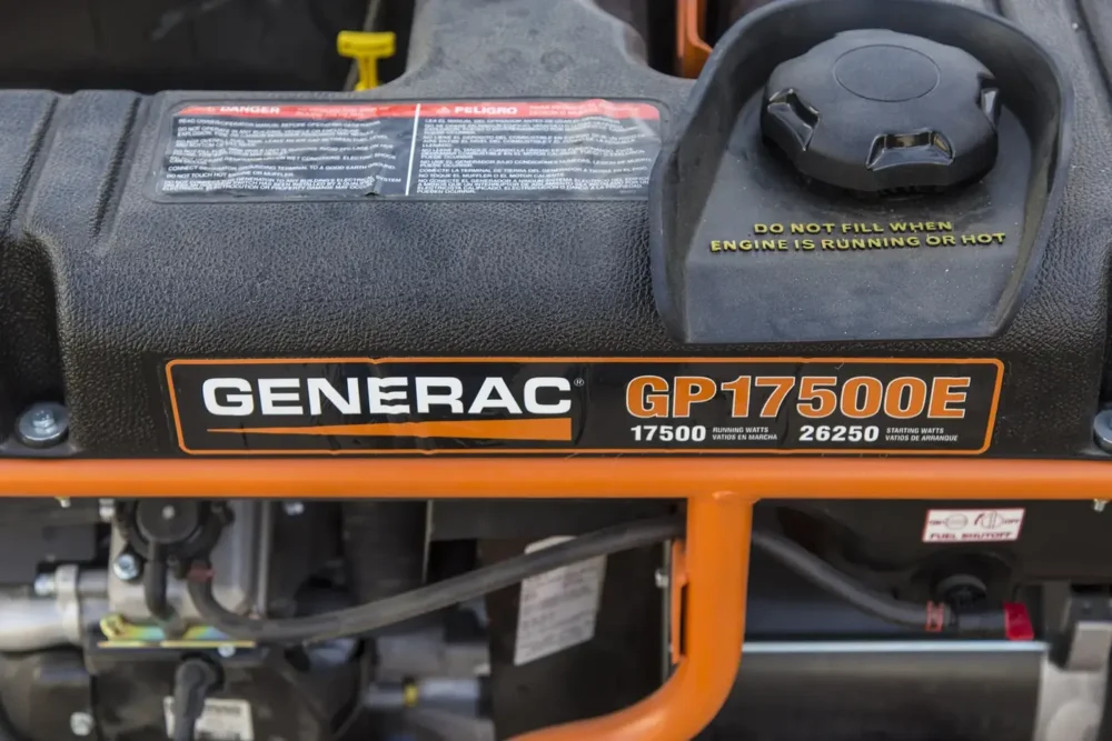Photo of a portable generator label showing 17,500 running watts and 26,250 starting watts