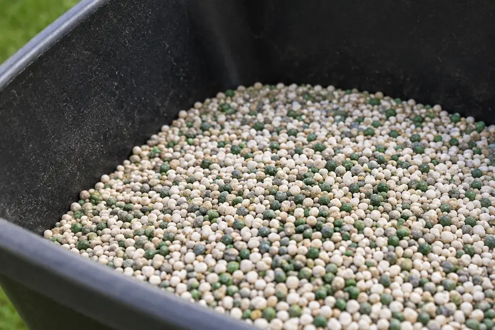 Close-up photo of granular lawn fertilizer pellets inside the hopper of a broadcast spreader on a lawn
