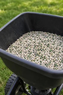 Close-up photo of granular lawn fertilizer pellets in a broadcast spreader hopper