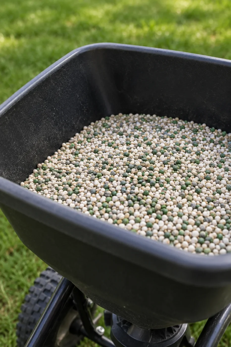 Close-up photo of granular lawn fertilizer pellets in a broadcast spreader hopper