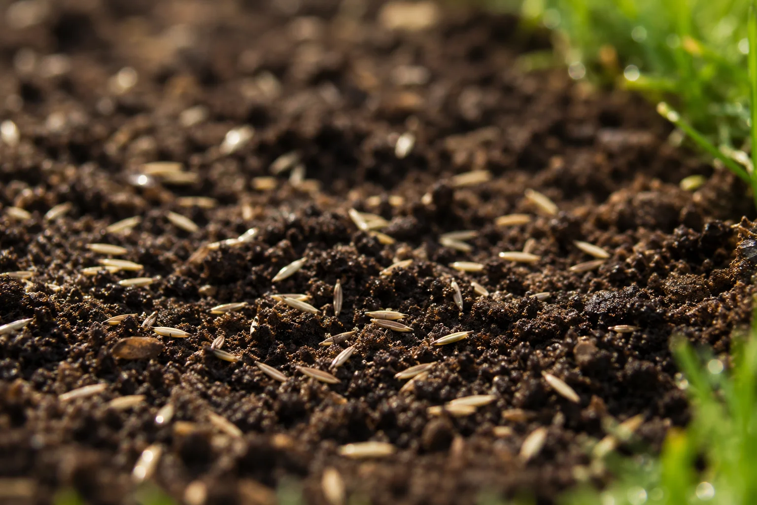 Close-up photo of grass seed scattered on loose, raked soil before overseeding
