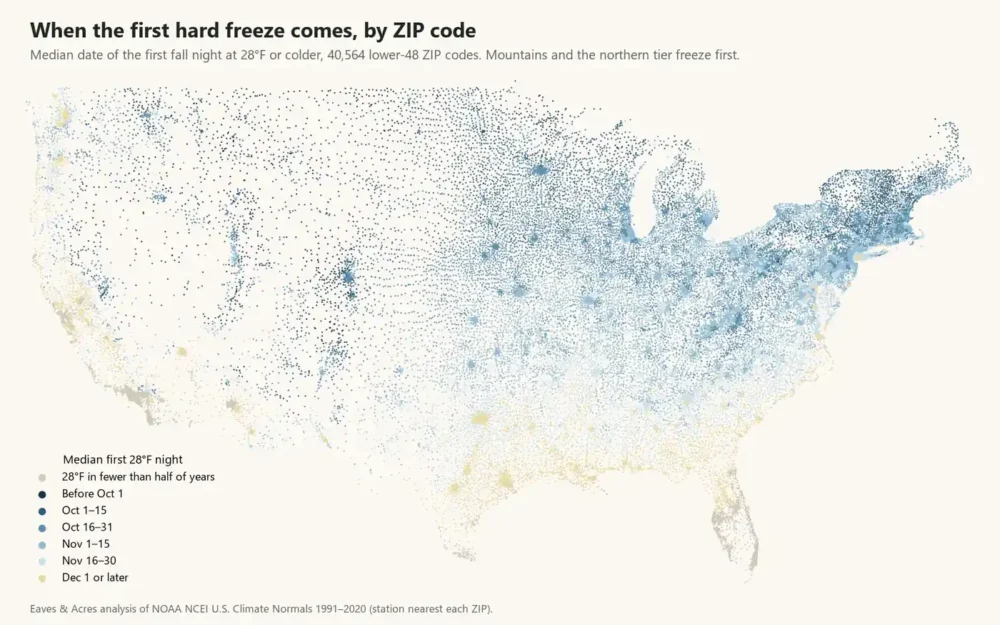 Map of lower-48 ZIP codes colored by median first 28°F hard freeze, earliest in the Rockies and northern states