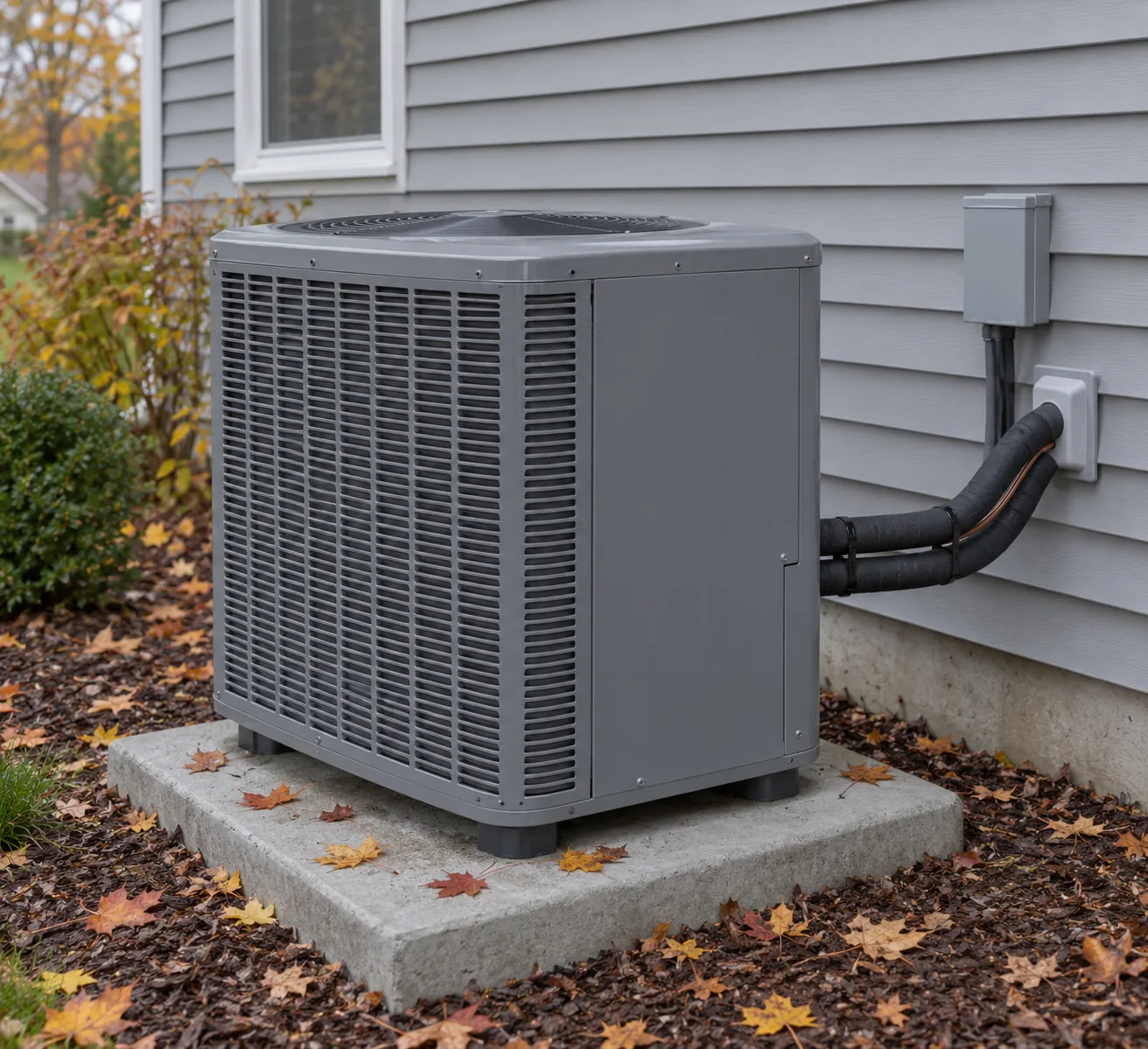 Outdoor heat pump condenser on a concrete pad beside gray vinyl siding, with fallen autumn leaves