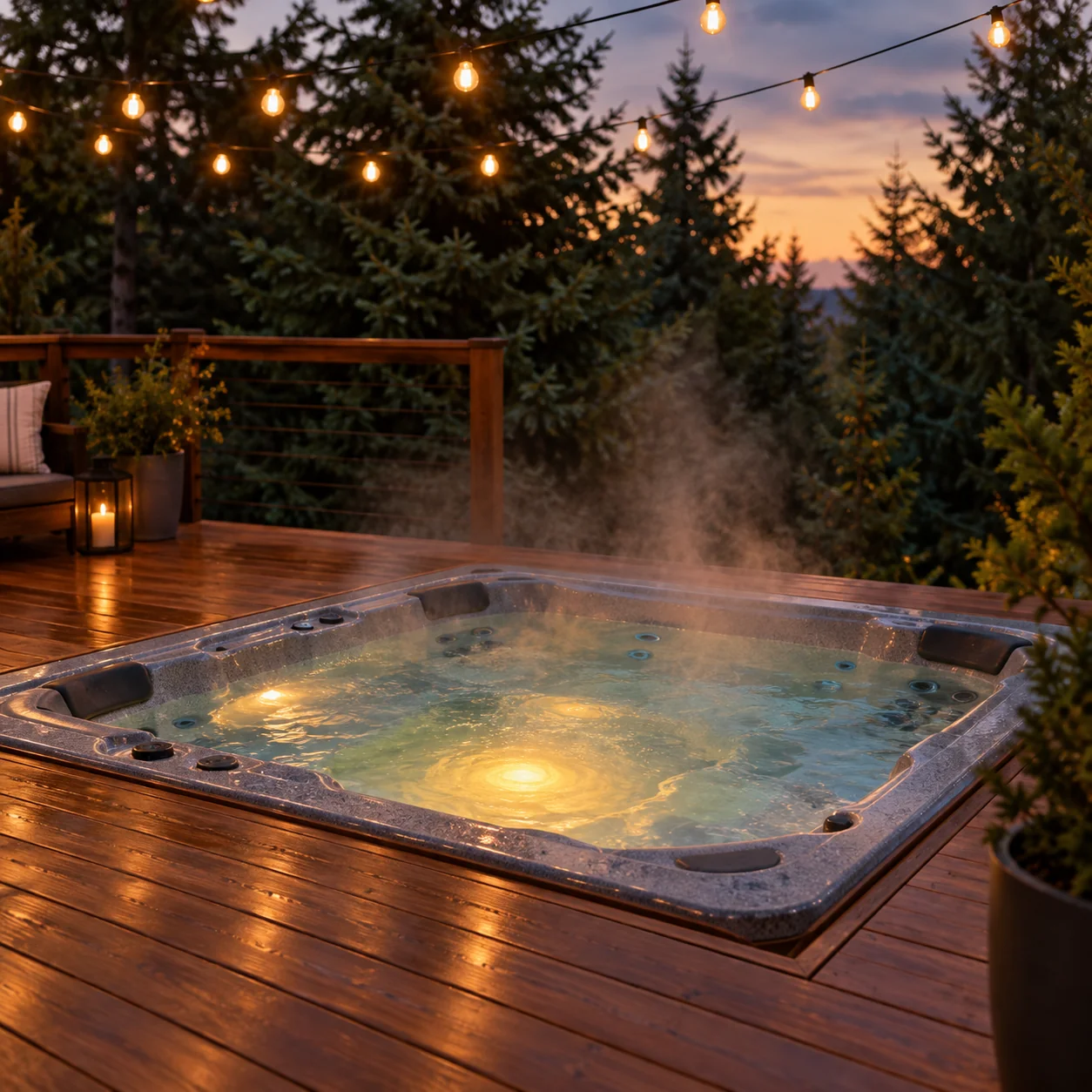 Steaming hot tub set into a wooden deck at dusk under string lights