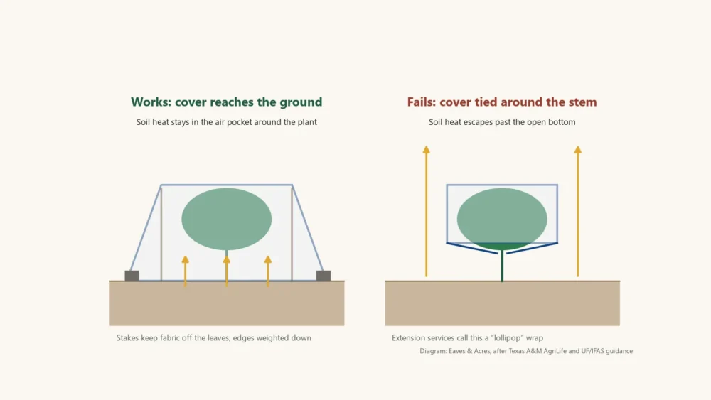 Diagram comparing a frost cover staked and anchored to the ground with a cover tied around a plant stem