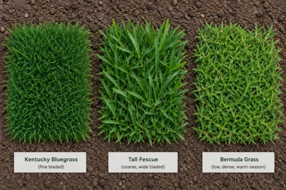 Side-by-side swatches of Kentucky bluegrass, tall fescue and Bermuda grass
