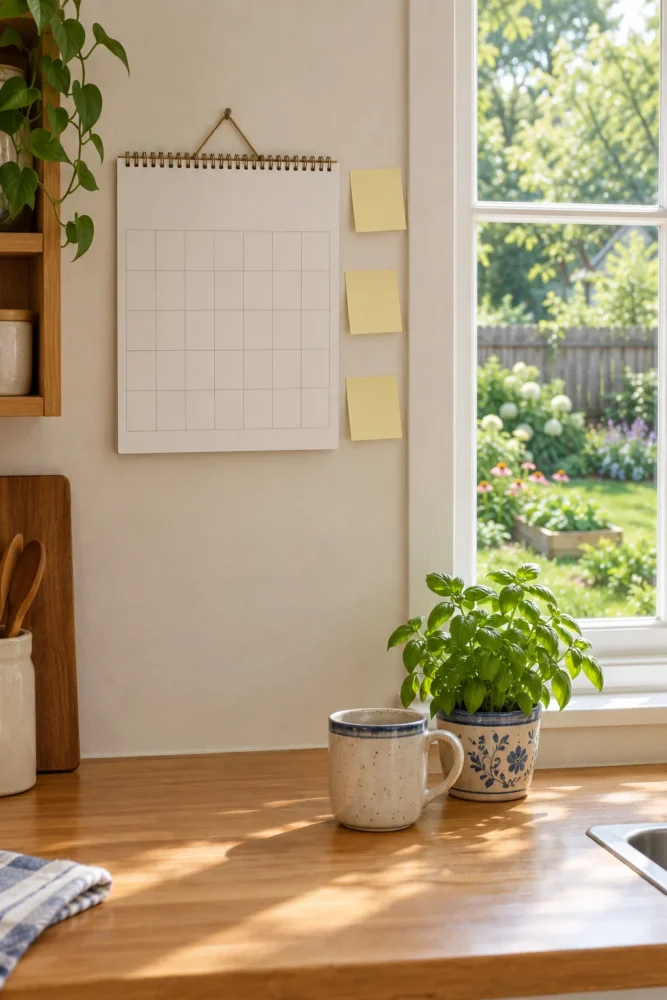 Blank wall calendar beside a kitchen window that looks out on a backyard garden