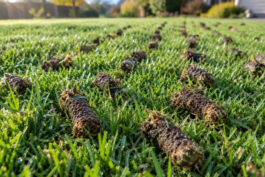 Photo of soil cores left on a green lawn after core aeration, ready for overseeding
