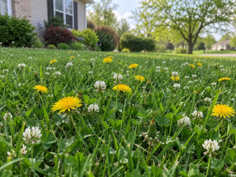 Photo of a suburban lawn with yellow dandelions and white clover in bloom