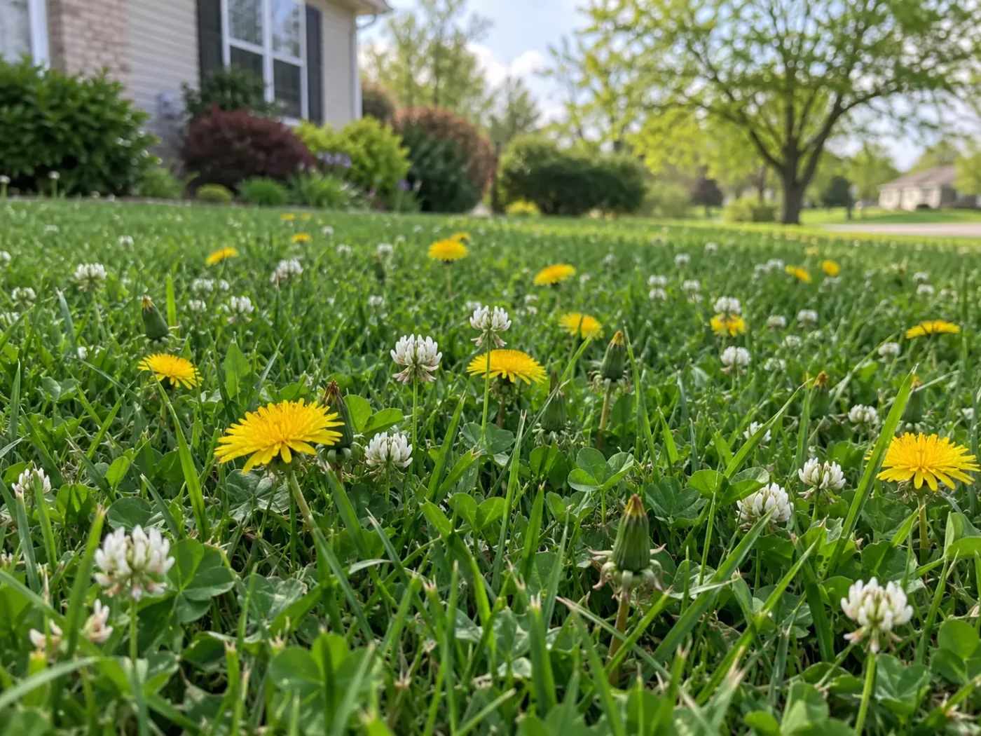 Photo of a suburban lawn with yellow dandelions and white clover in bloom