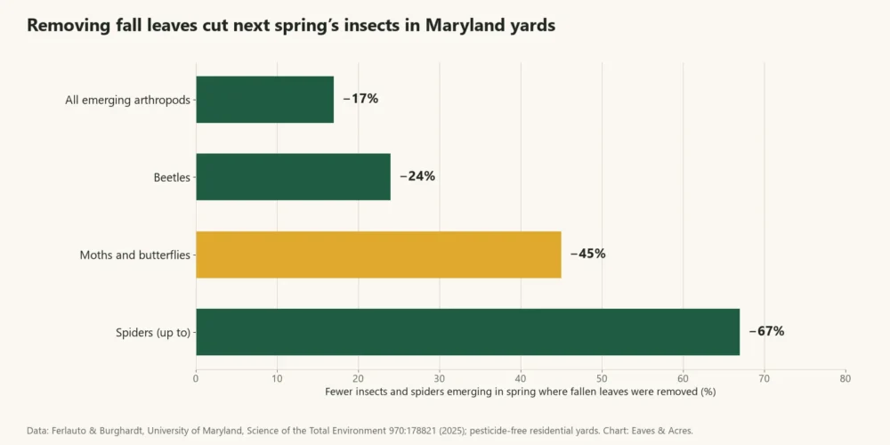 Bar chart of fewer insects emerging in spring where fall leaves were removed: moths and butterflies down 45%