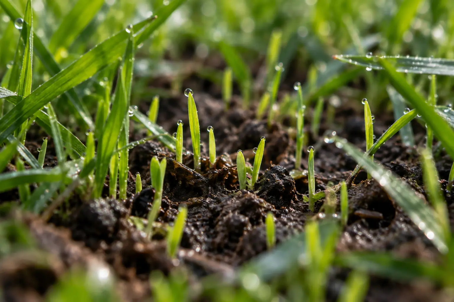 New grass seedlings sprouting from moist soil between older blades
