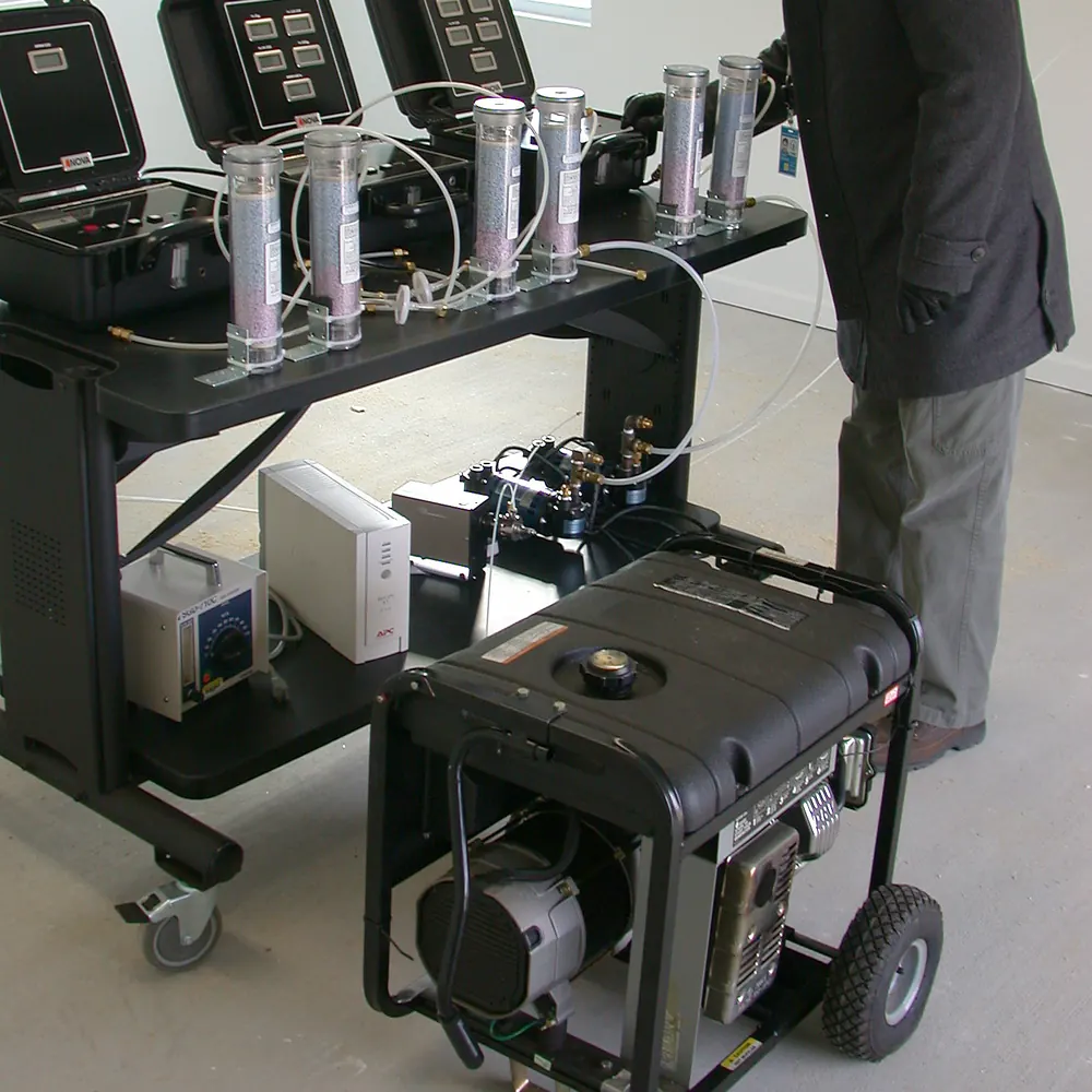Photo of a gasoline portable generator beside carbon monoxide gas analyzers in a NIST test garage