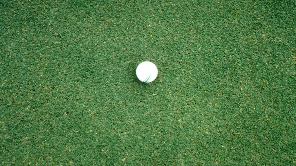 Photo of a golf ball on a Bermuda grass putting green overseeded with rough bluegrass in Savannah, Georgia