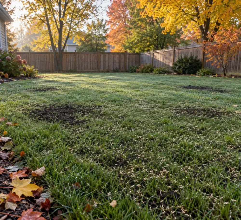 Backyard lawn in early autumn with fresh grass seed scattered over thin patches