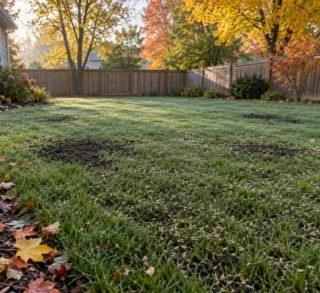 Backyard lawn in early autumn with fresh grass seed scattered over thin patches