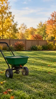 Broadcast spreader seeding a backyard lawn in autumn