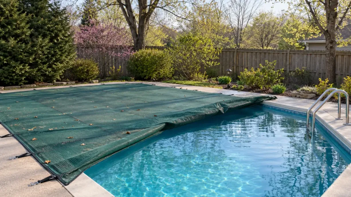 In-ground pool with a green mesh safety cover drawn partway across the water in a fenced backyard