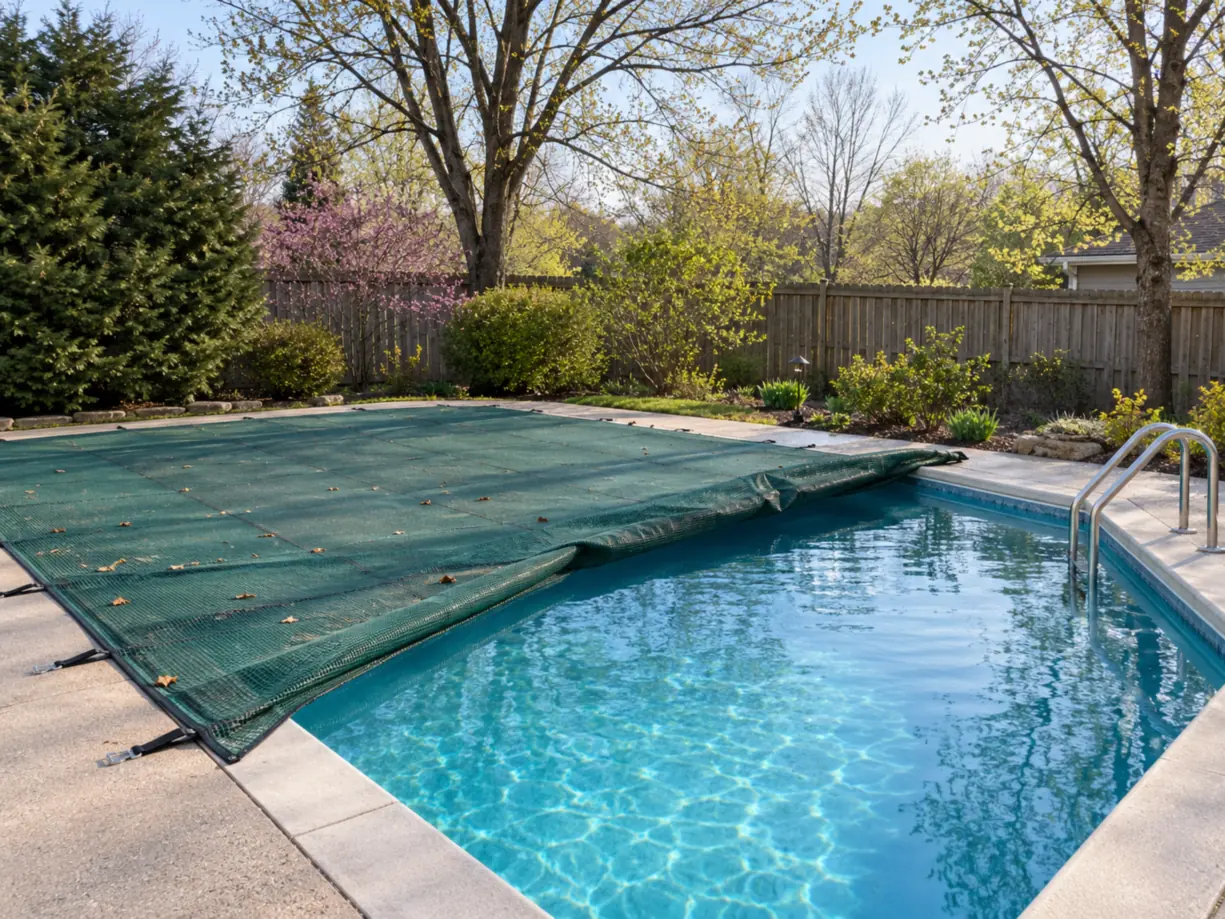 In-ground pool in early spring with a green mesh safety cover partly pulled back