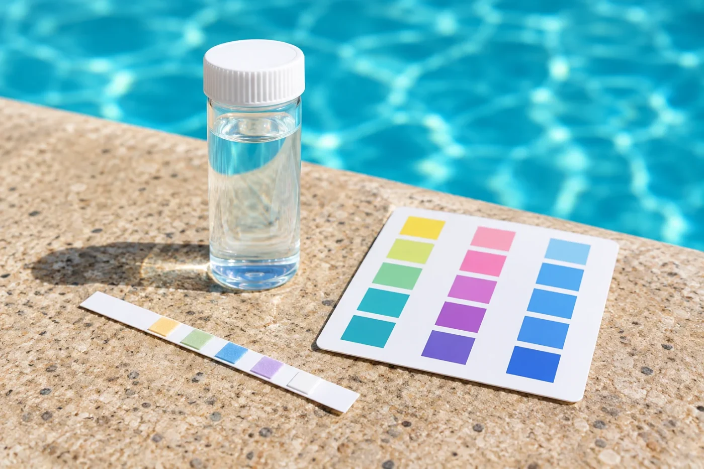 Pool water sample vial, test strip and color chart on a pool deck