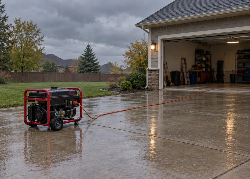 Portable generator running on a wet driveway well away from an open garage