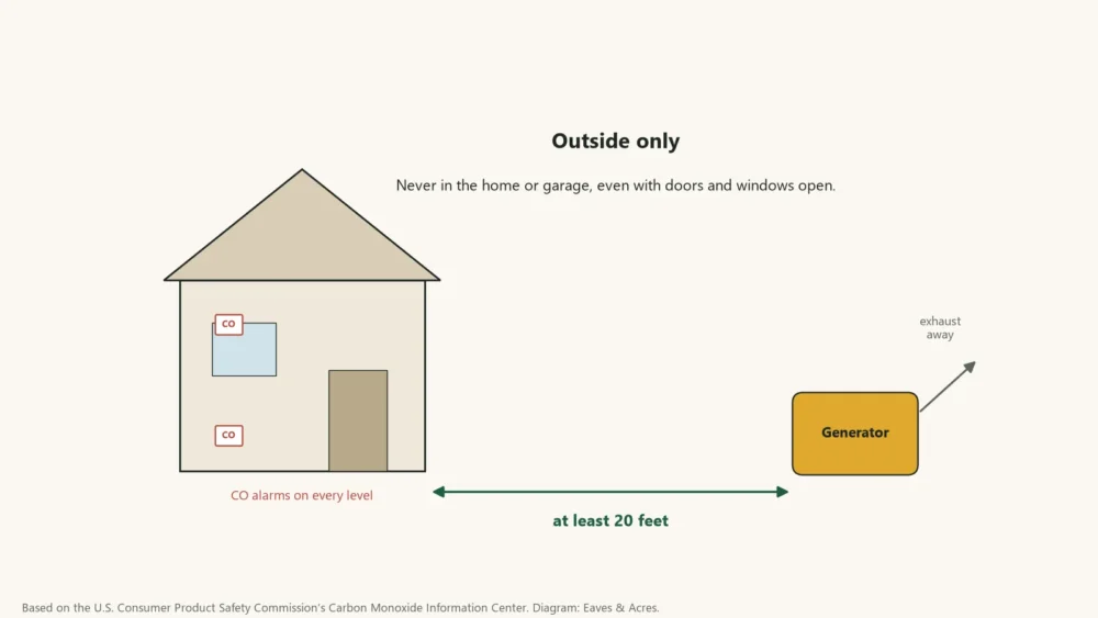 Diagram of a portable generator 20 feet from a house with exhaust pointed away and CO alarms on every level