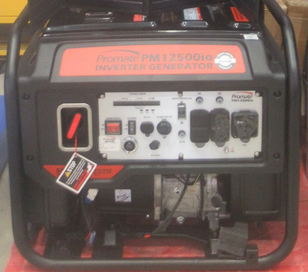 Photo of a portable inverter generator’s front panel with its label, outlets and switches, engine below