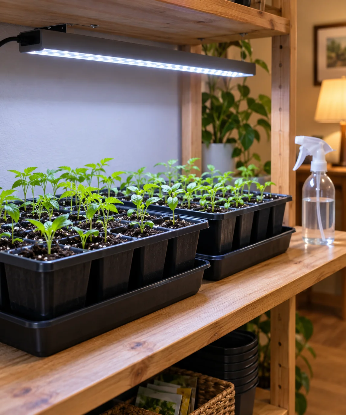 Photo of vegetable seedling trays under an LED grow light on a wooden shelf indoors