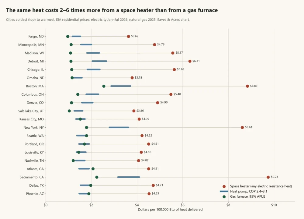 Dot chart comparing the cost of 100,000 Btu of heat from a space heater, heat pump and gas furnace in 20 US cities