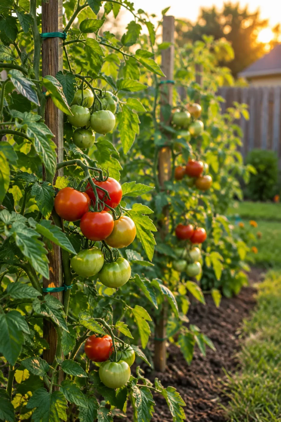 Photo of staked tomato plants with clusters of green and ripening red tomatoes