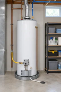 Photo of a tank water heater with a drain pan in a clean basement utility area