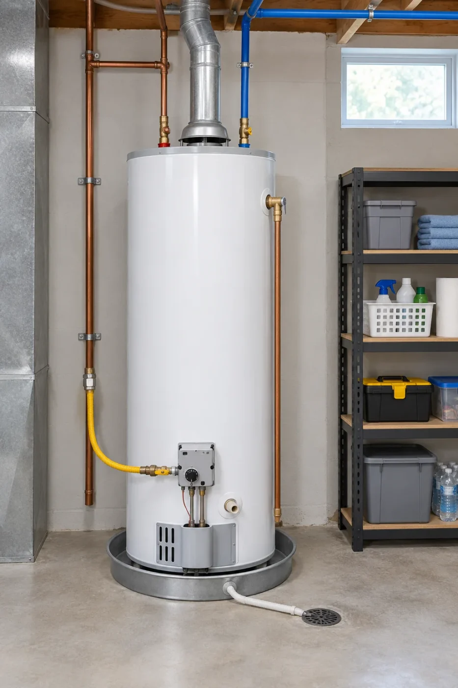 Photo of a tank water heater with a drain pan in a clean basement utility area