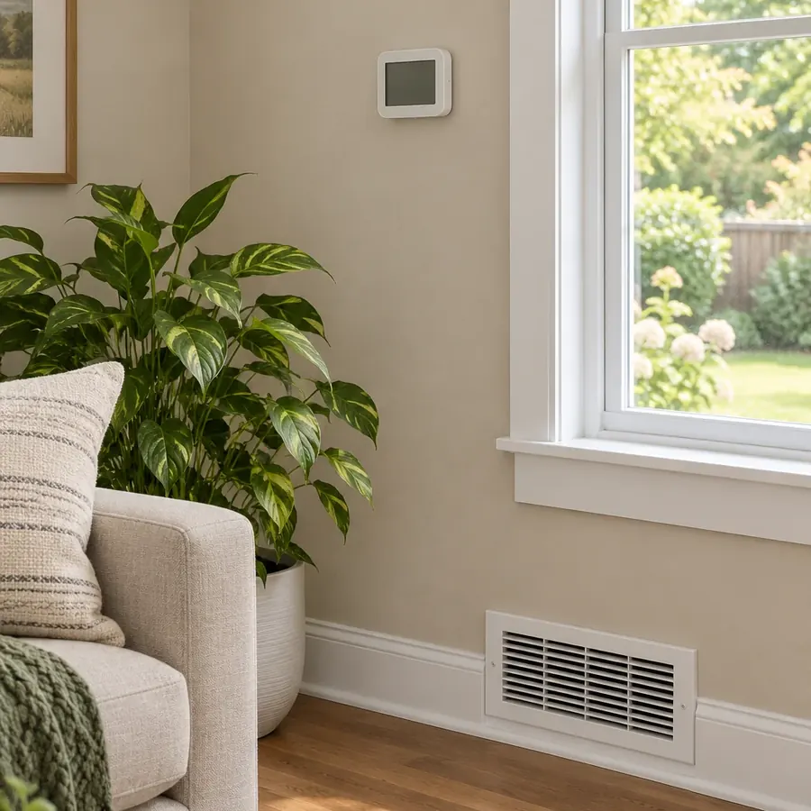 Photo of a wall thermostat above a white floor supply vent in a bright living room