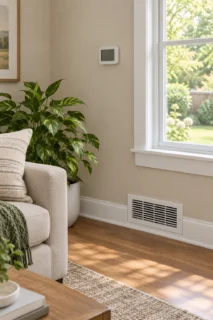 Photo of a living room corner with a wall thermostat and a floor supply vent